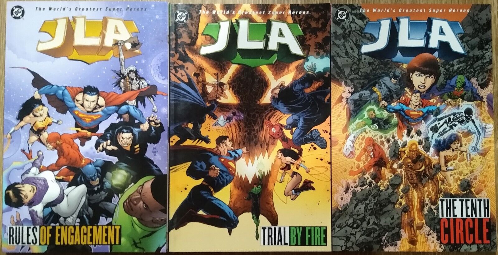 JLA #13 Rules of Engagement, #14 Trial by Fire, and #15 The Tenth Circle