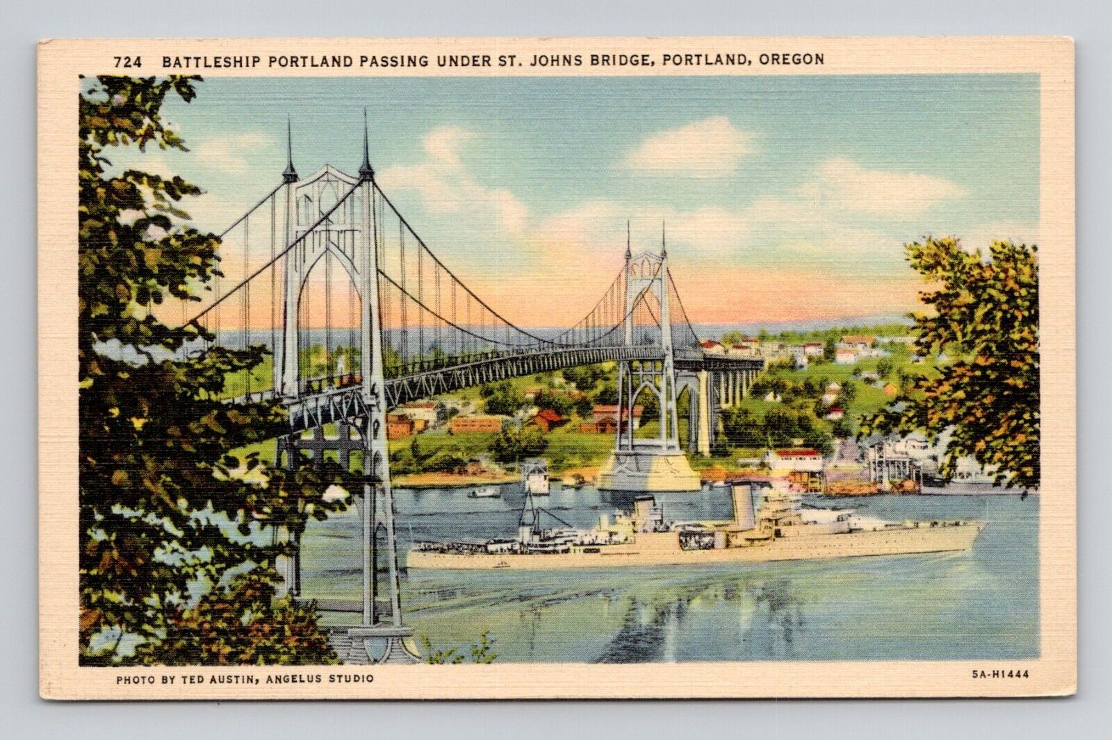Postcard Navy Battleship St Johns Bridge Portland Oregon OR, Vintage Linen F19