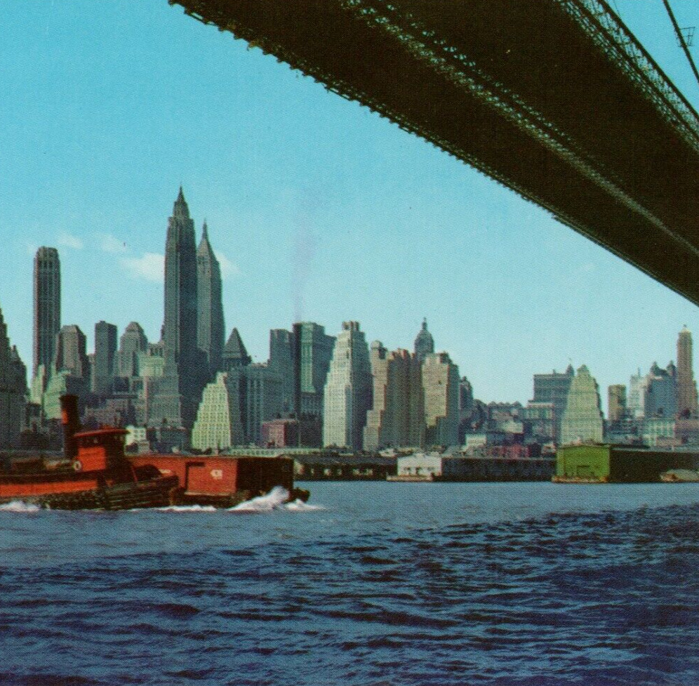 Lower Manhattan Skyline, Brooklyn Bridge, East River, NY 1960s VTG Postcard UNP