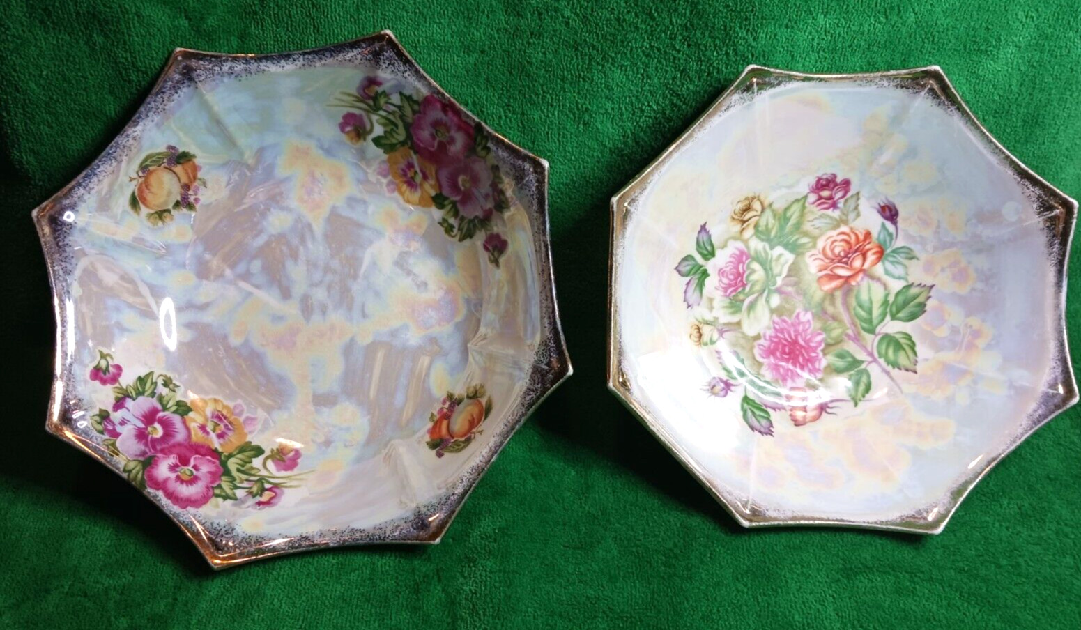Vintage Trimont Ware Japanese Iridescent Octagon Porcelain Floral Bowl Lot of 2