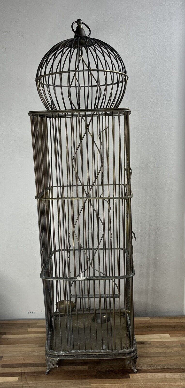 Extremely Rare 3 foot Hanging Antique Brass Wire Canary Bird Cage Gorgeous