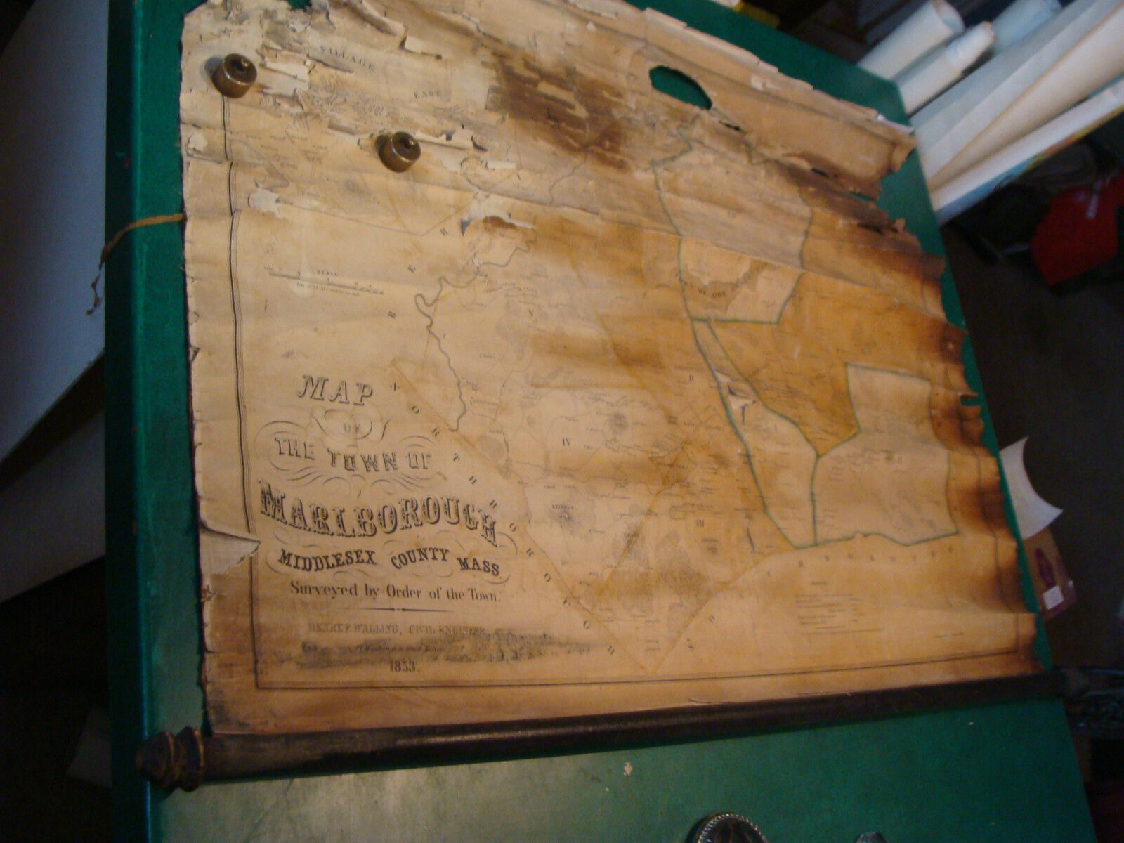original vintage MARLBOROUGH Middlesex County Mass. 1853 pull down map V POOR 