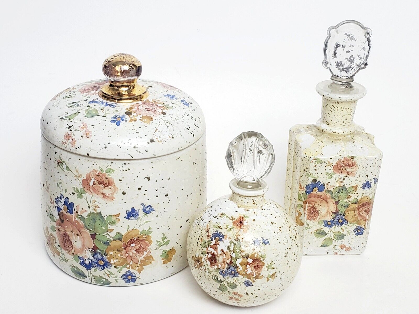 Vtg Speckled Vanity Beauty Set- Jar/Perfume/Lotion Bottles/Floral Set Of 3 Glass