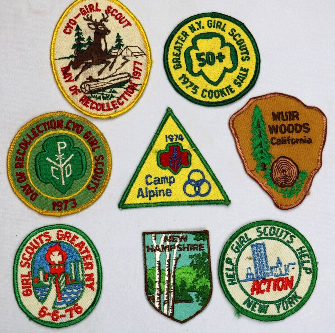 lot 8 Vintage GIRL SCOUT PATCH BADGES 1970\'s New York, Camp Alpine, California