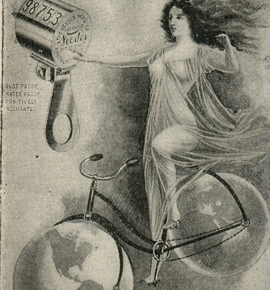 1898 Veeder Cyclometer Fantasy Goddess Riding Bicycle Globe Wheel Windy Ad A077