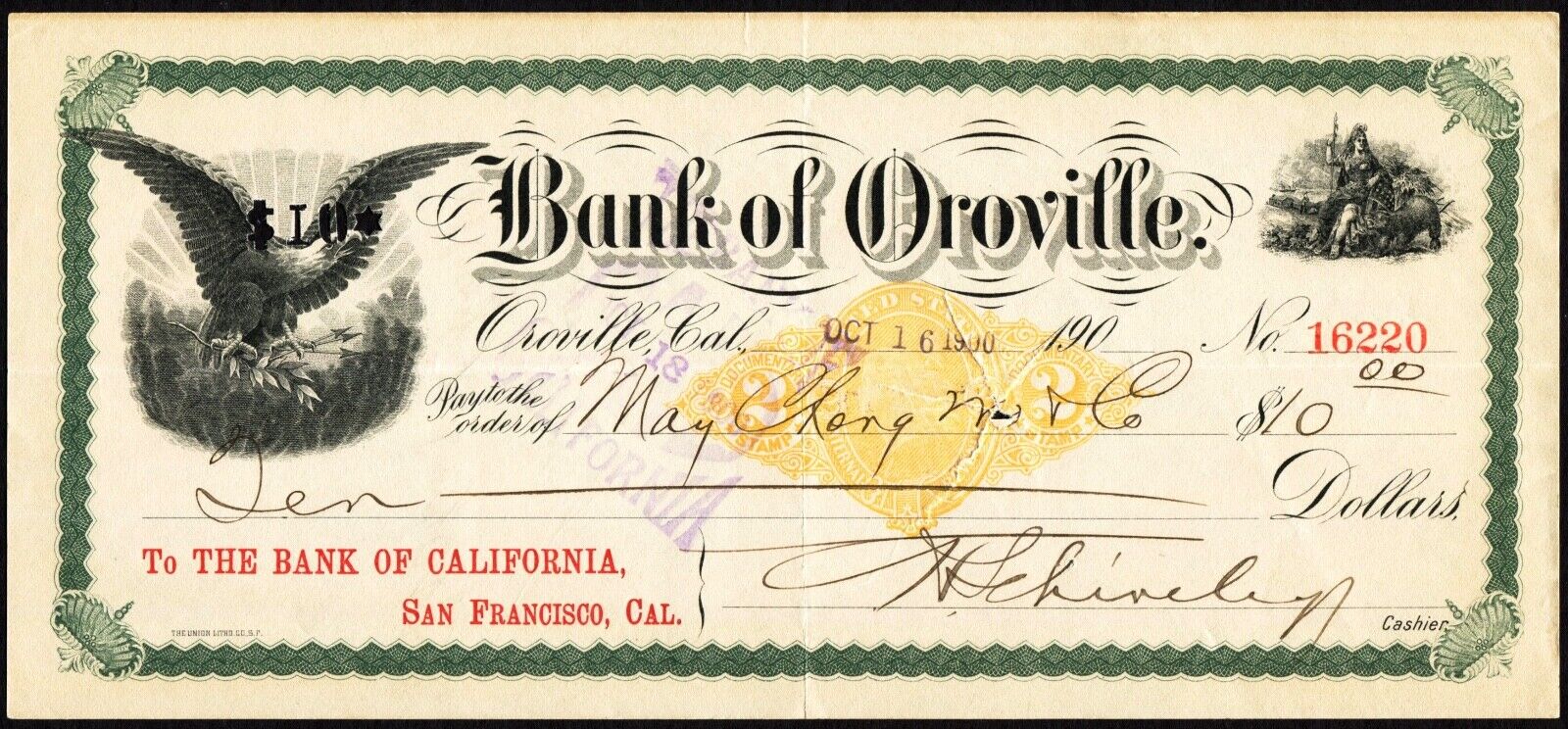Old 1900 Bank of Oroville California Check 2 Vignettes RN-X7 Revenue Stamped