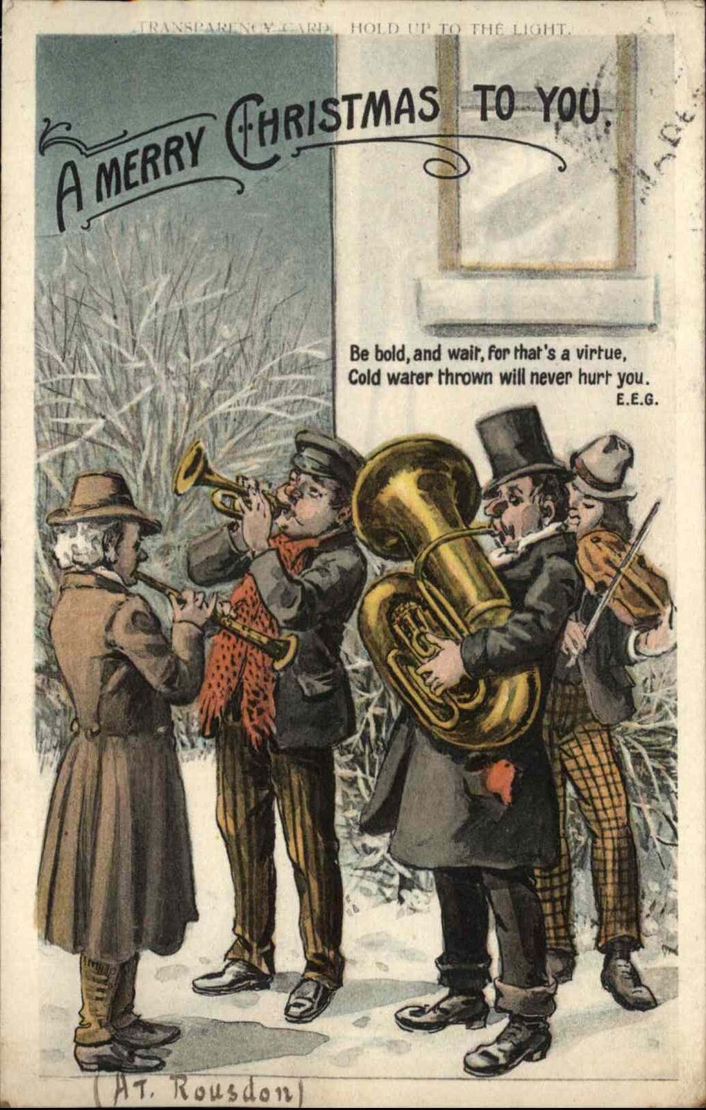 Christmas Musicians Hold to Light HTL Man Dumps Water From Window c1905 Postcard