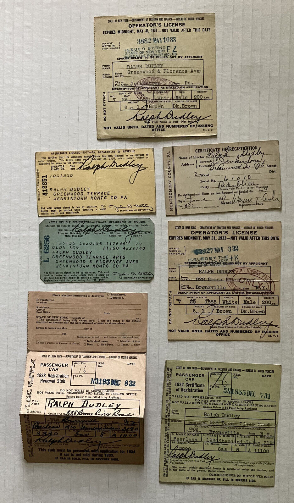 1930s driver\'s license and registration documents Bronxville NY [y9064]
