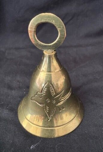 Vintage Solid Brass Bell with Etched Bird / Hummingbird - Made in India 3\