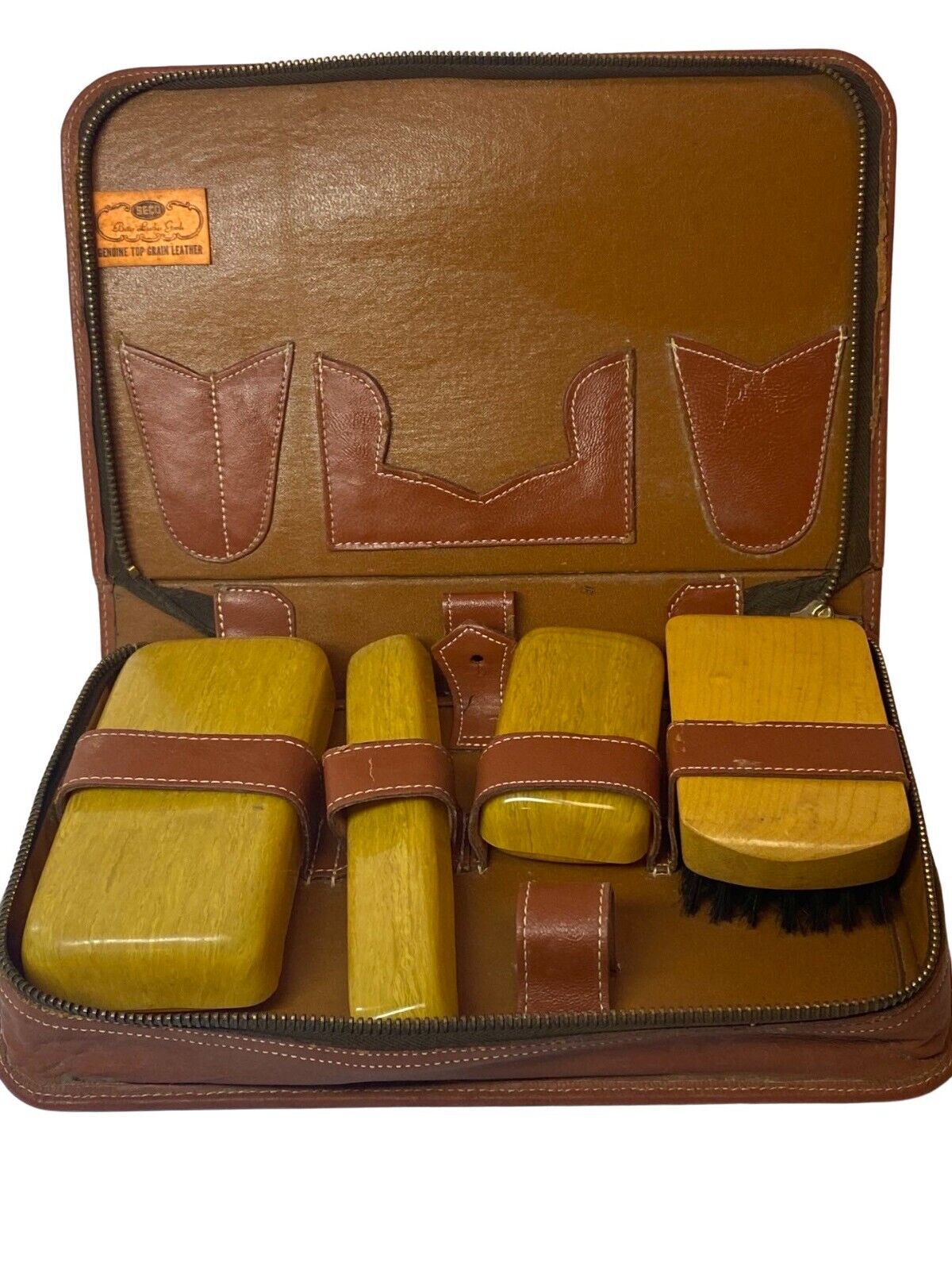 Vtg MCM SECO Dopp Genuine Top Grain Leather Case Toiletries Travel Kit Brown
