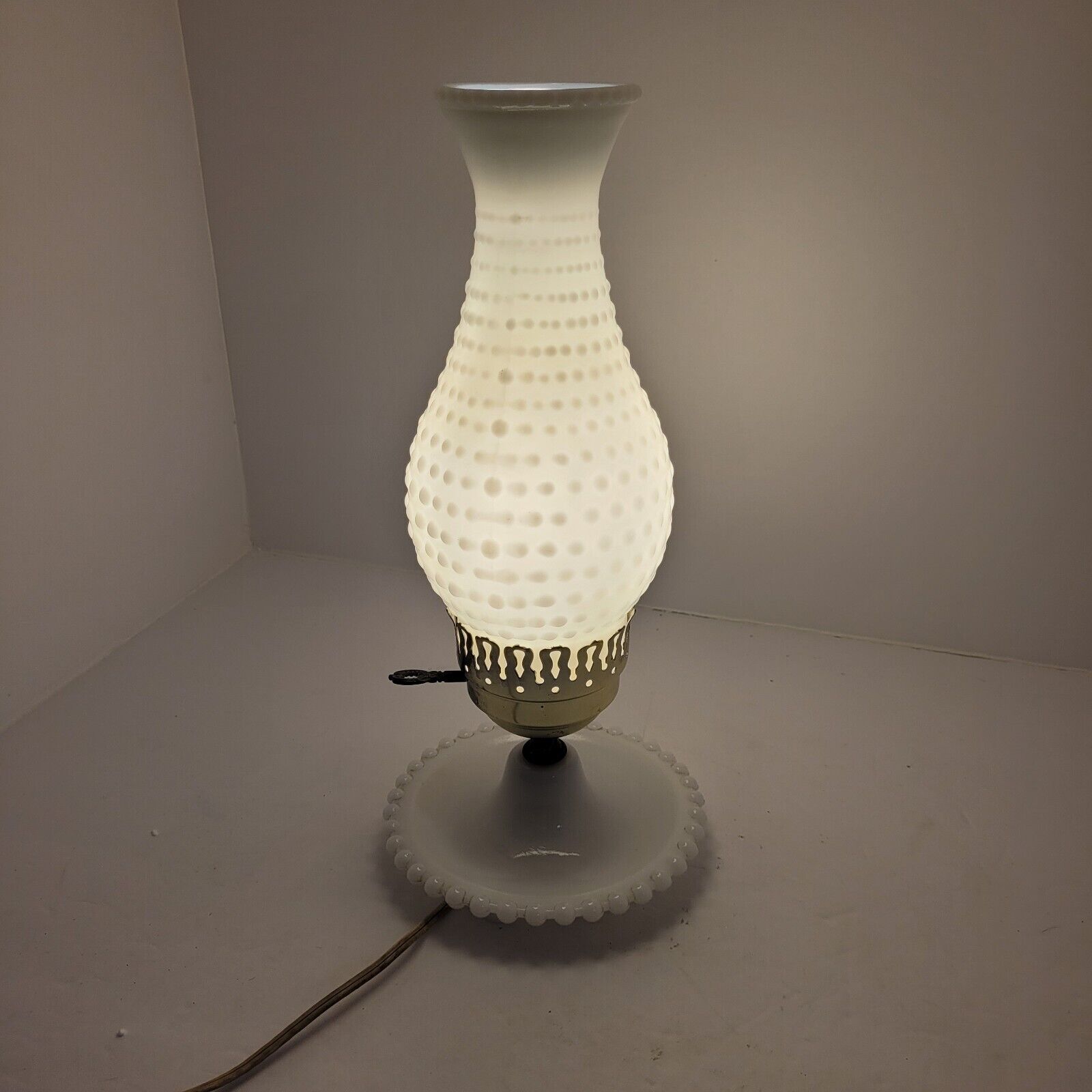 Vintage Nathan Lagin Milk Glass Hobnail Hurricane Lamp Scalloped Edges Beautiful