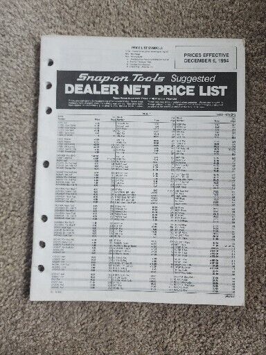 Snap-on Tools 1994 Suggested Dealer Net Price List