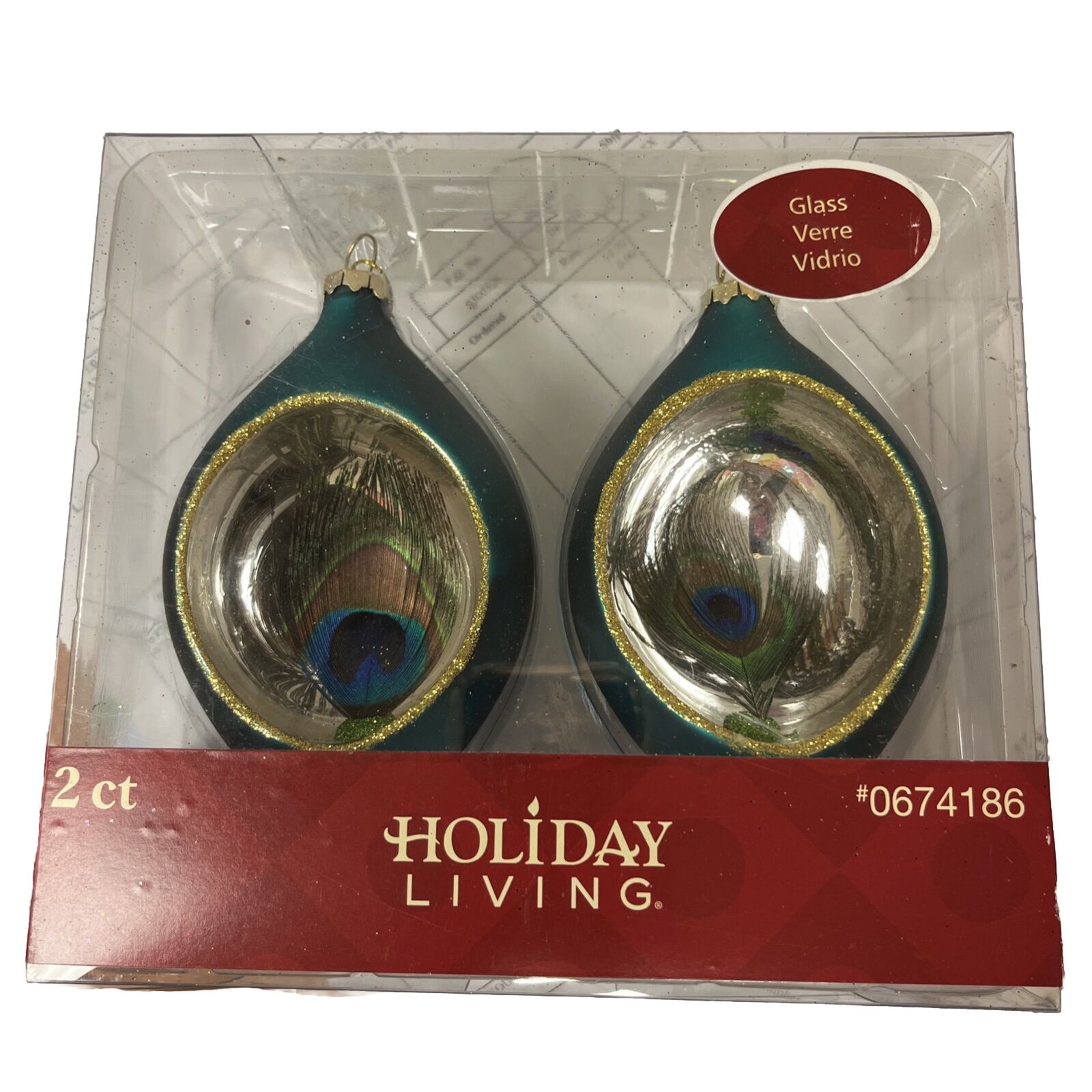 HOLIDAY LIVING 2x Glass Peacock Feather Teardrop Christmas Tree Ornaments 5\