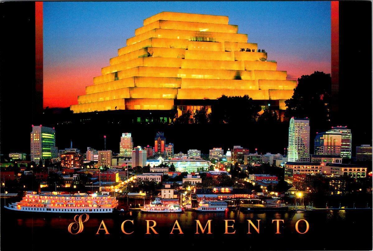 Sacramento CA California ZIGGURAT BUILDING~Pyramid RIVERFRONT~Night 4X6 Postcard