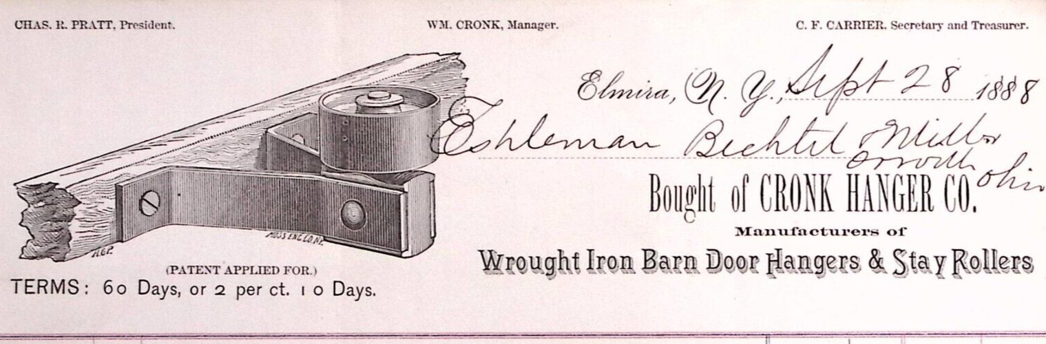 1888 ELMIRA NEW YORK CRONK HANGER CO IRON BARN DOOR HANGERS ROLLER BILLHEAD Z451