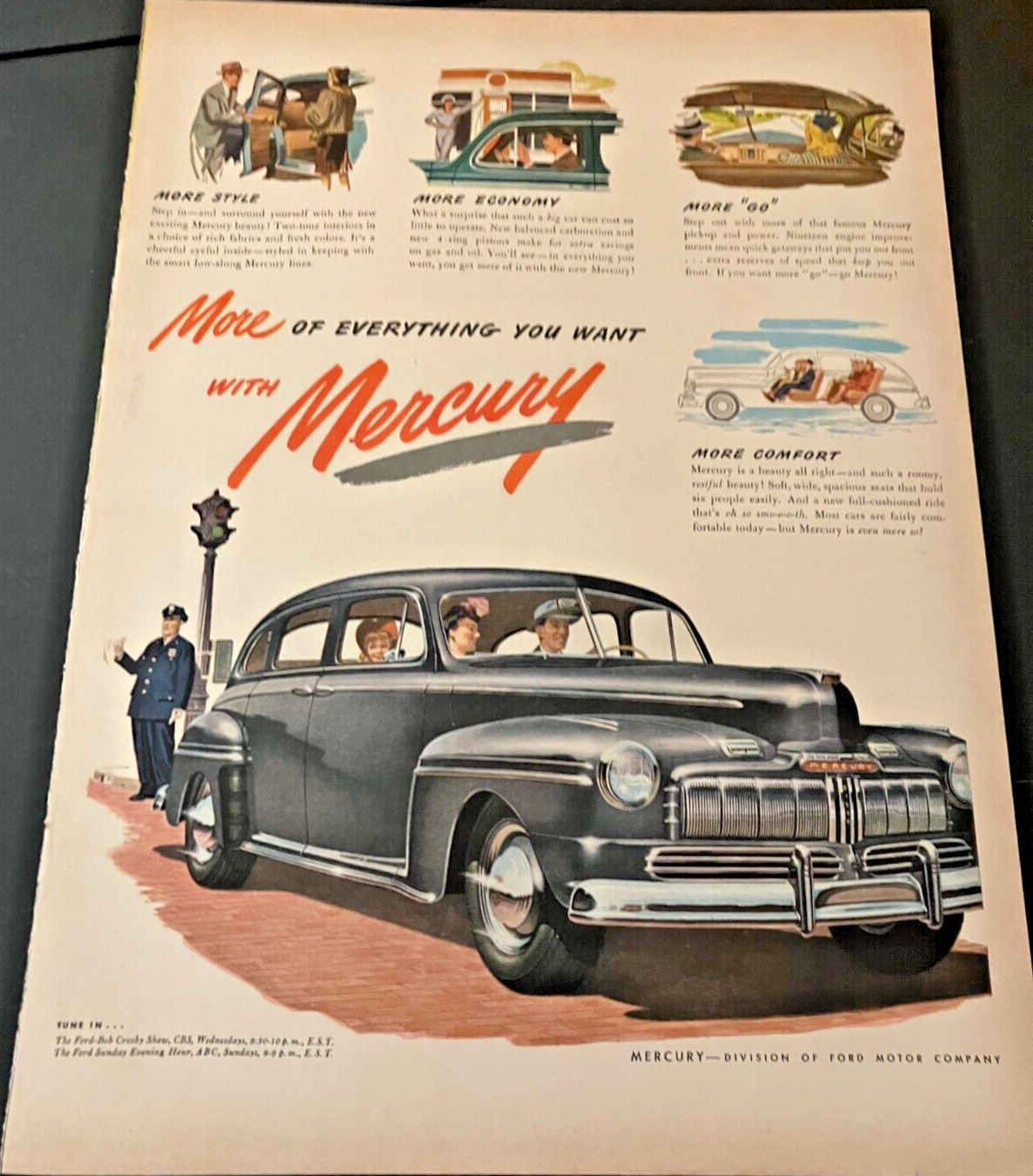 1940s Mercury Drives Past Policeman - Vintage Illustrated Print Ad Wall Art