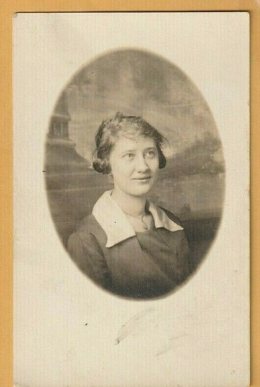 Antique Real Picture Postcard, Close-Up Young Woman Smiling, Large Collar, AZO