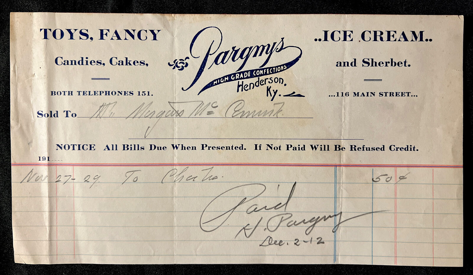 Vtg 1912 PARGNYS Henderson Kentucky ICE CREAM Cakes CANDY Fancy TOYS Bill Head