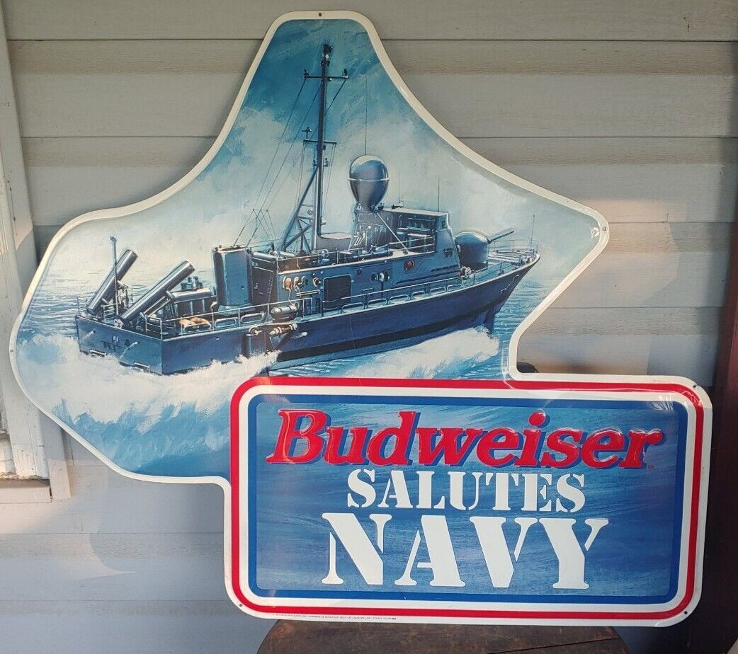 Budweiser Salutes Navy Tin Sign 1994 29 high 33 wide