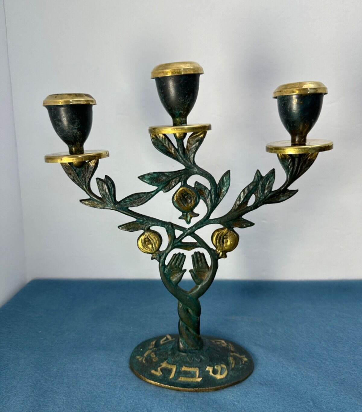 VTG Judaica Brass Sabbath Shabbat 3 Candle Holder Made In Israel 9\