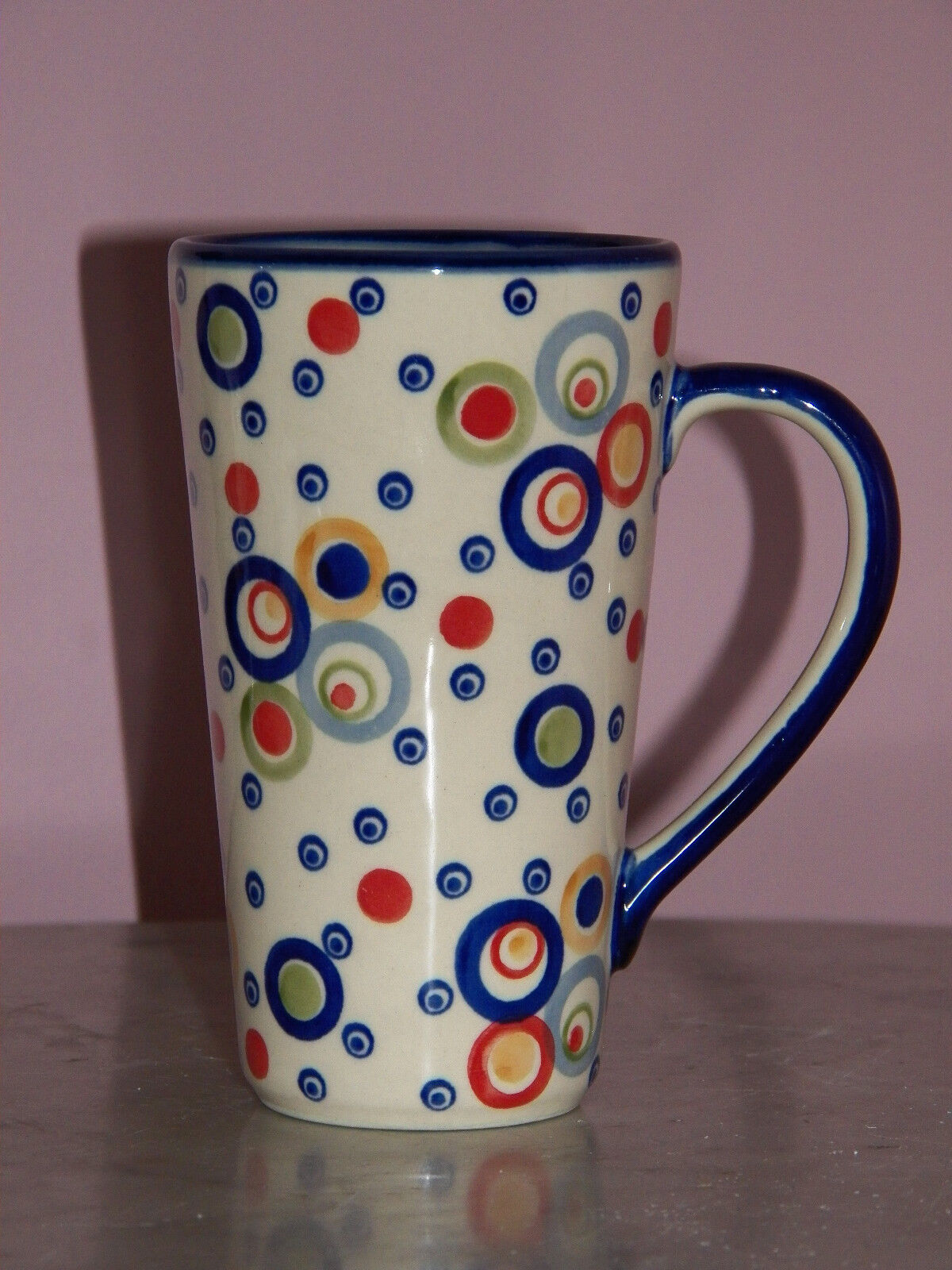 Polish Pottery 12 oz. Bistro Mug Happy Happy Pattern