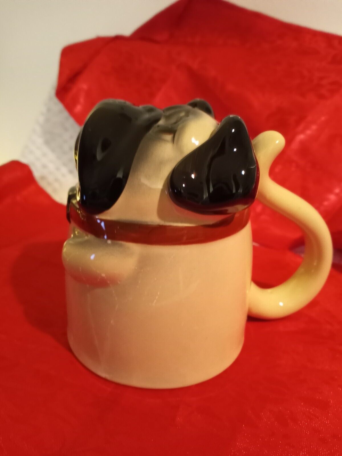 Topsy Turvy Red Collared Pug Lovers Upside Down Coffee/Tea Mug 5” Bulldog Pup 