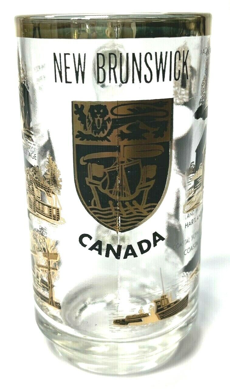 Vintage New Brunswick Canada Glass Souvenir Stein Mug Black & Gold 5.5\