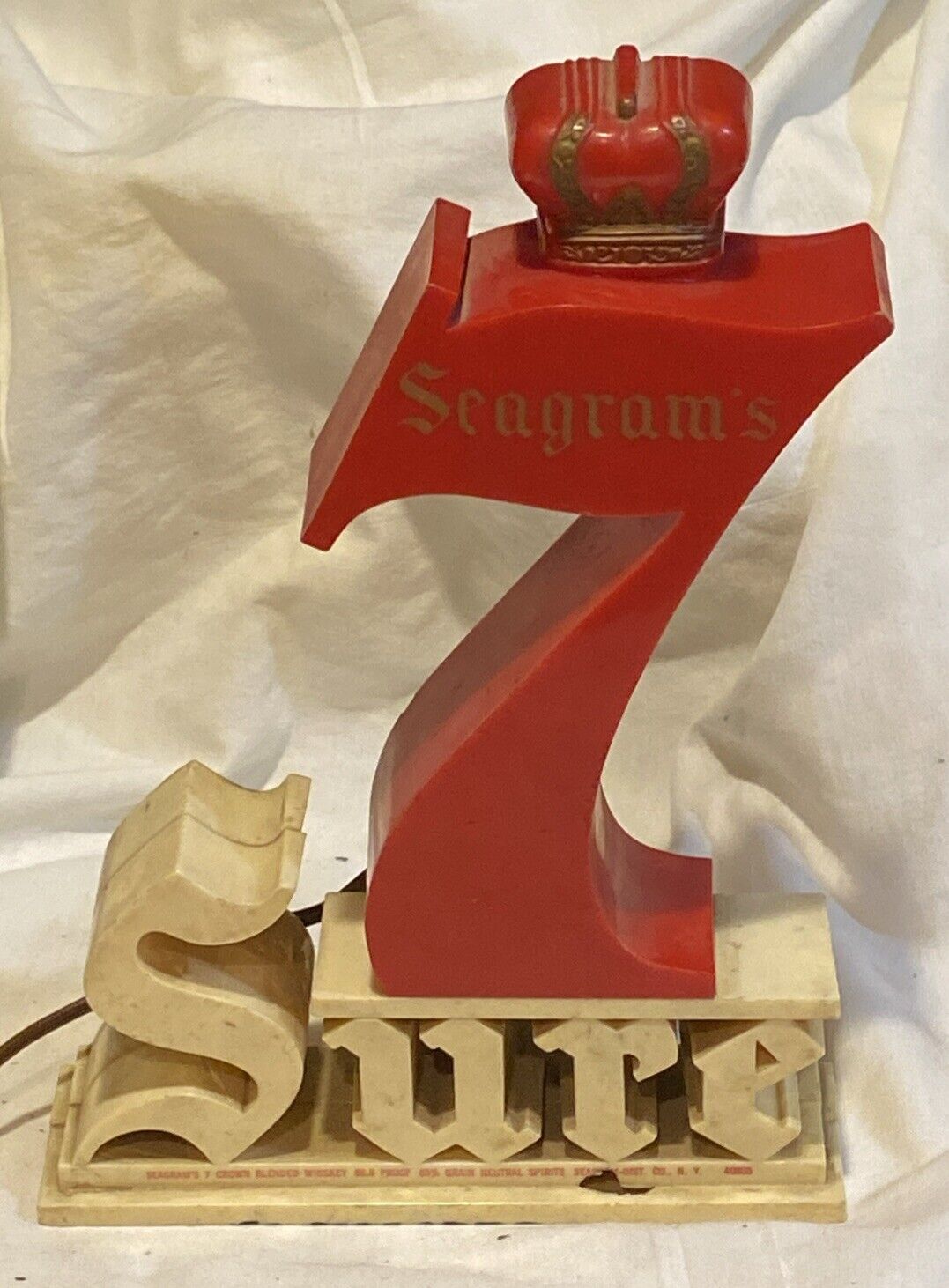 Vintage SEAGRAMS 7 WHISKEY REGISTER TOPPER LIGHTED SIGN THE SURE