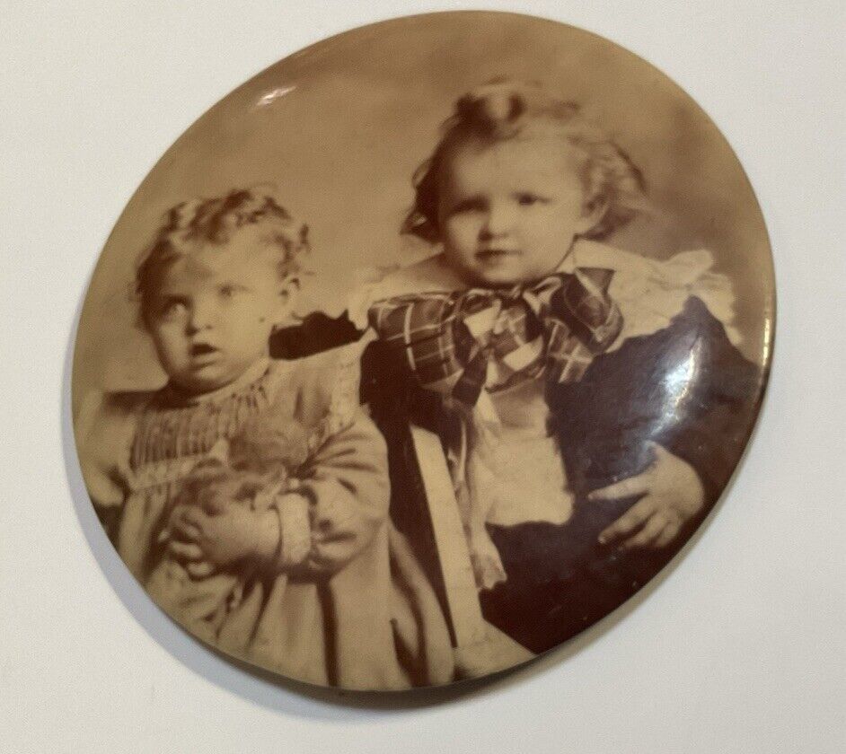 Antique CELLULOID PHOTO BUTTON Medallion Of 2 Children  6