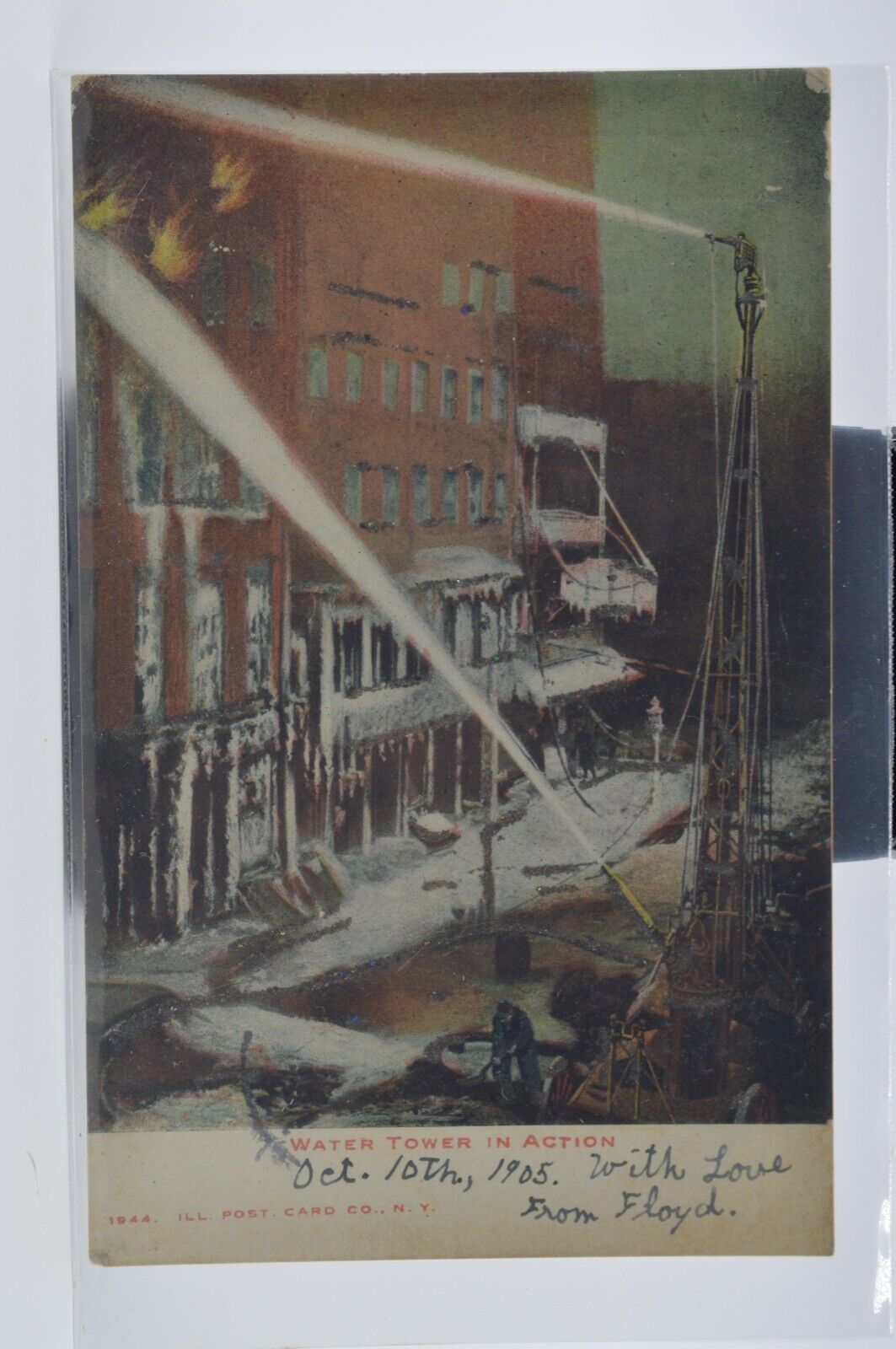 1905 - Water Tower in Action, Fire Fighters, Brooklyn, NY  - Vintage Postcard
