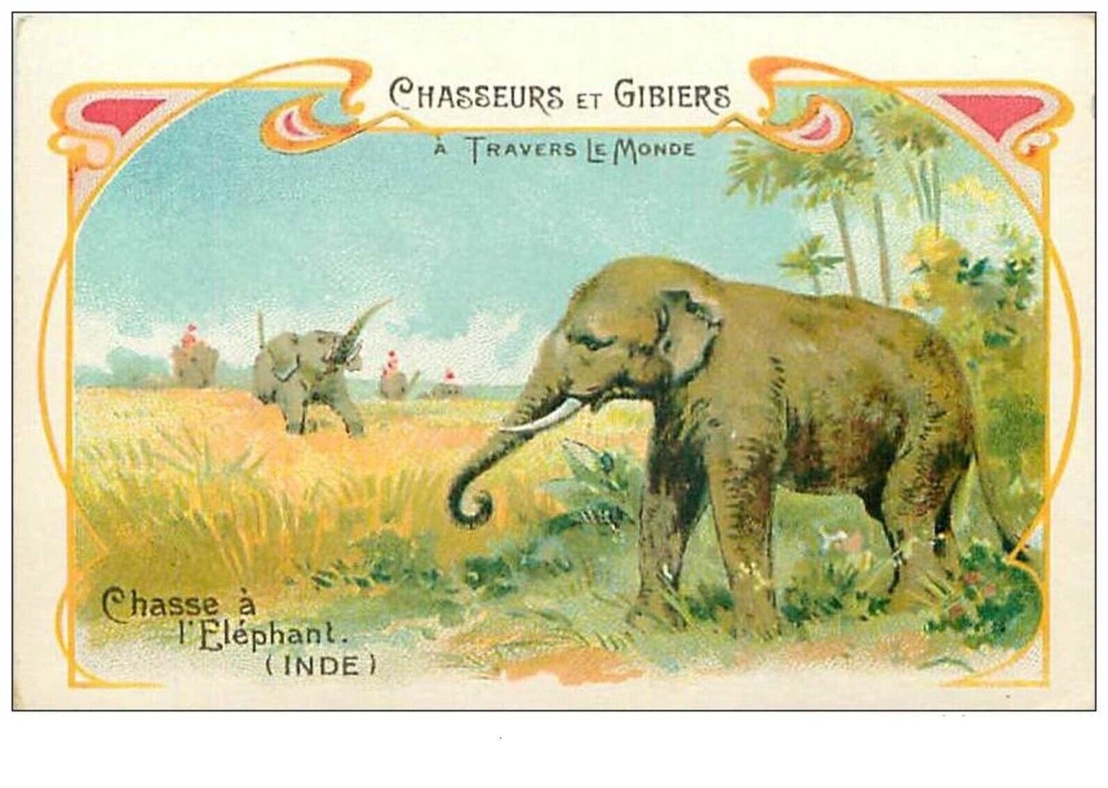 chrome. n° 34199.elephant .india . hunting and game.advertising. 7 x 10.5 cm