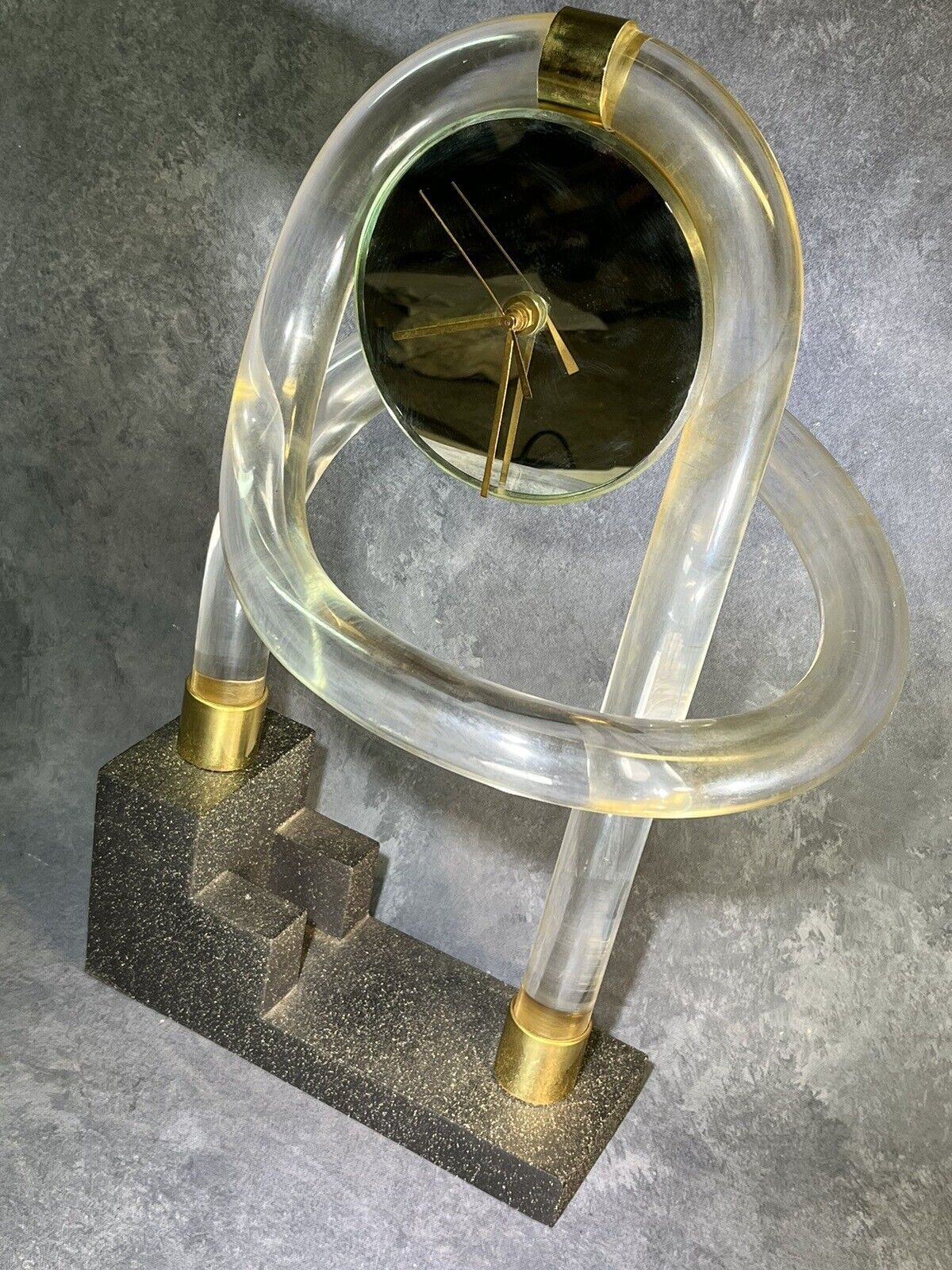 Mid Century Modern Lucite 1991 MCM Brass Mirror Clock Vintage Works Retro