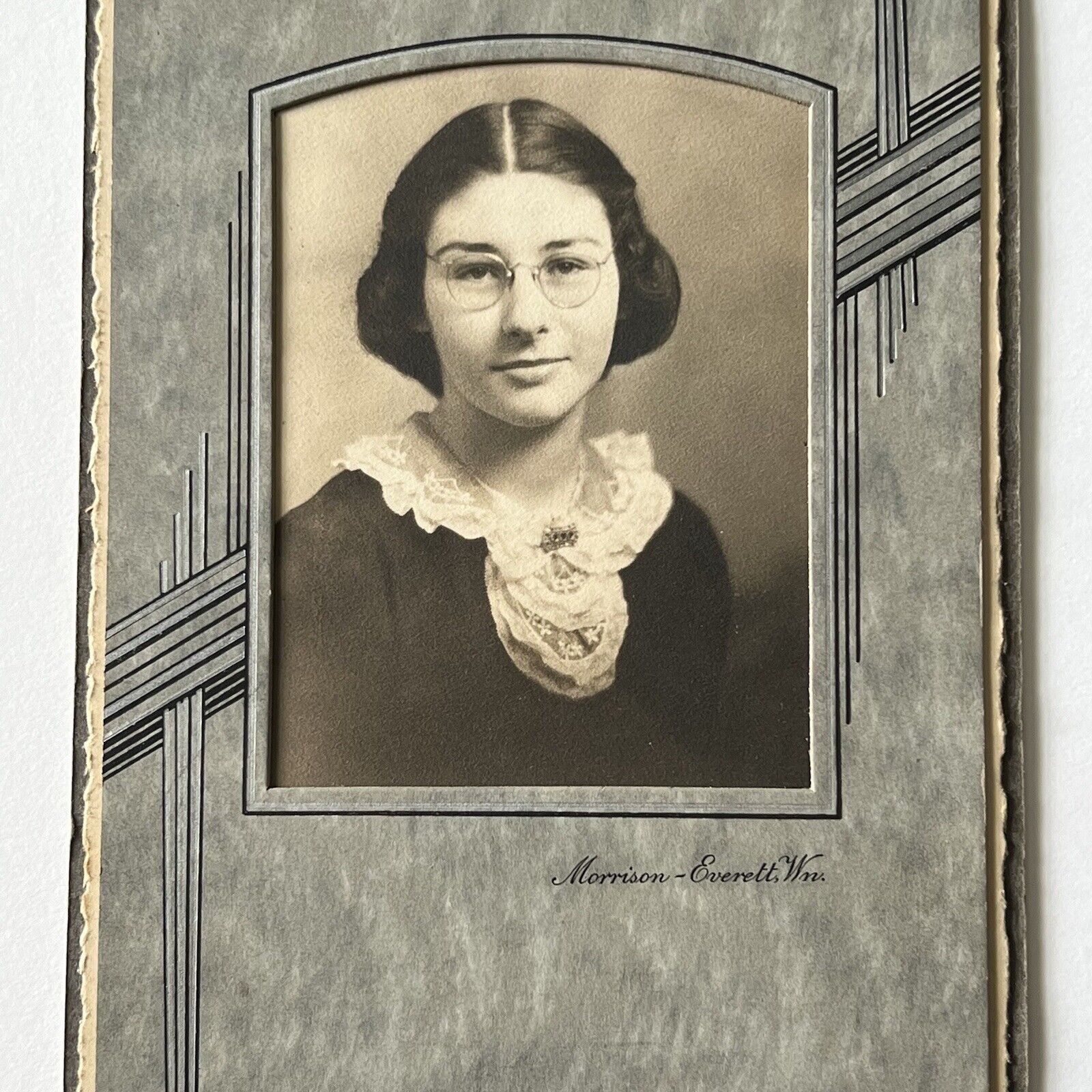 Vintage Mounted Photograph Beautiful Young Woman Glasses Everett WA ID On Back