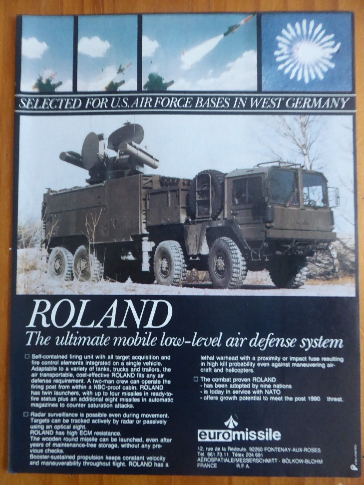 9/1984 PUB EUROMISSILE MAN ROLAND 3 MOBILE AIR DEFENSE SYSTEM USAF ORIGINAL AD