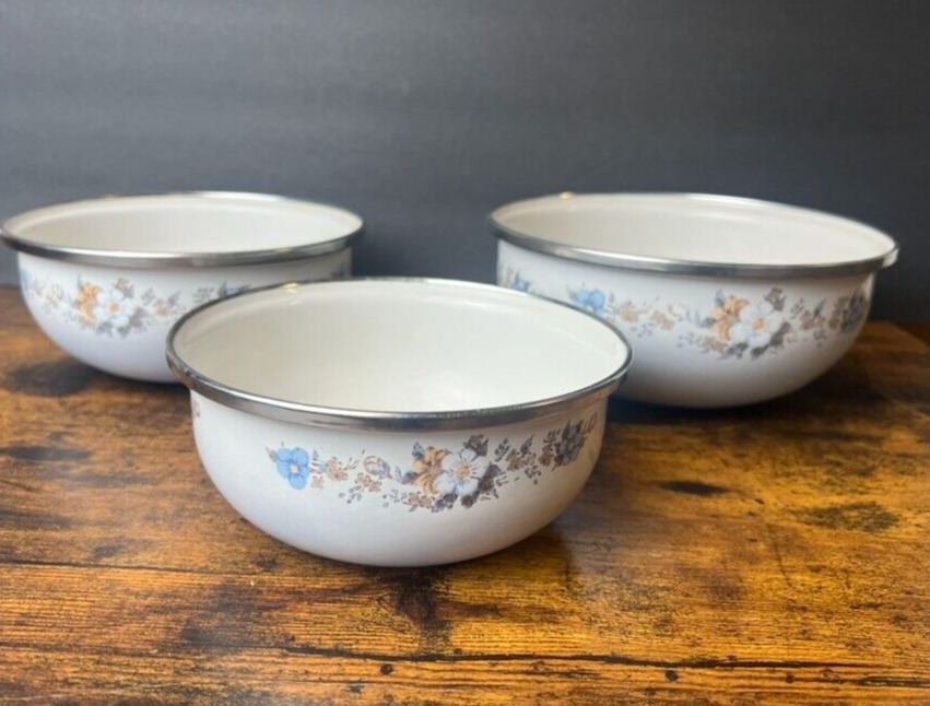 Vintage Metal Enamelware Nesting Bowls Blue White Floral with Silver Trim