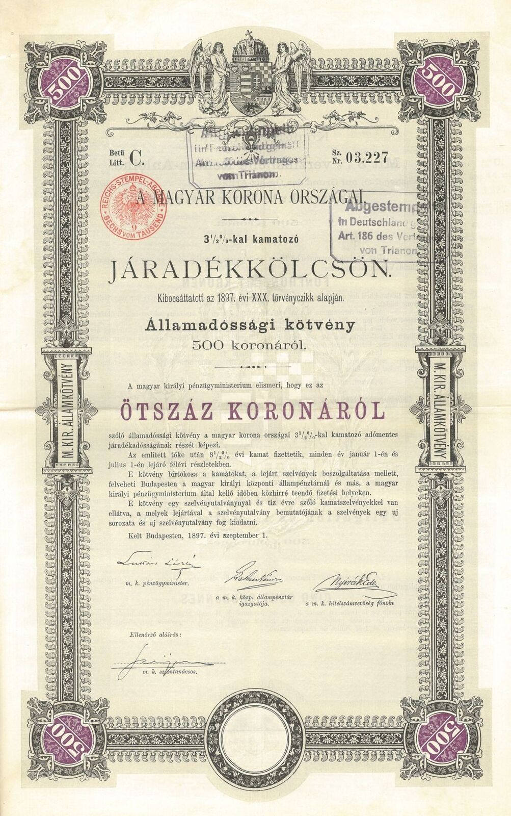 Royal Hungarian Bond dated 1897 - Various Denominations (Uncanceled) - Foreign B