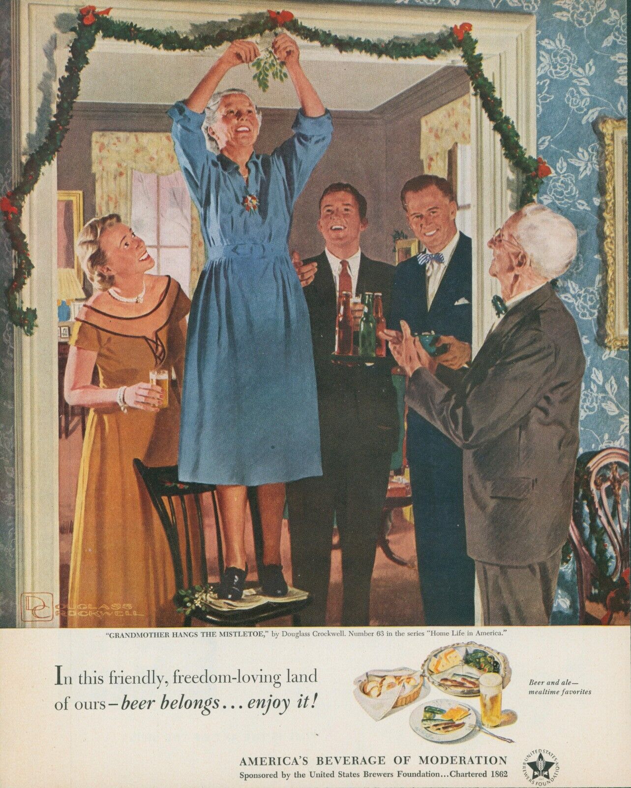 1951 US Brewers Douglass Crockwell Grandmother Hangs Mistletoe Vtg Print Ad LO7