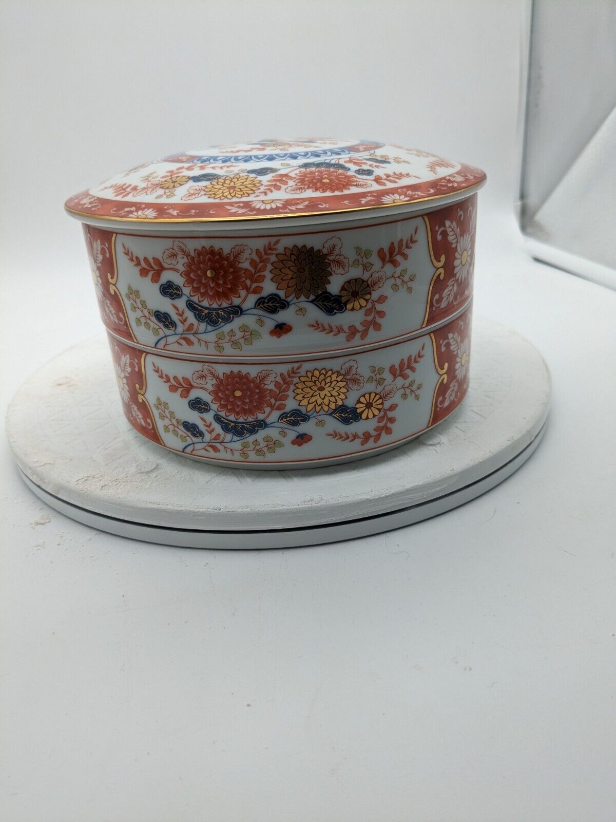Vintage OMC Japan Imari 2 Piece Floral Stacking Bowls Trinket Dishes Dragon exc