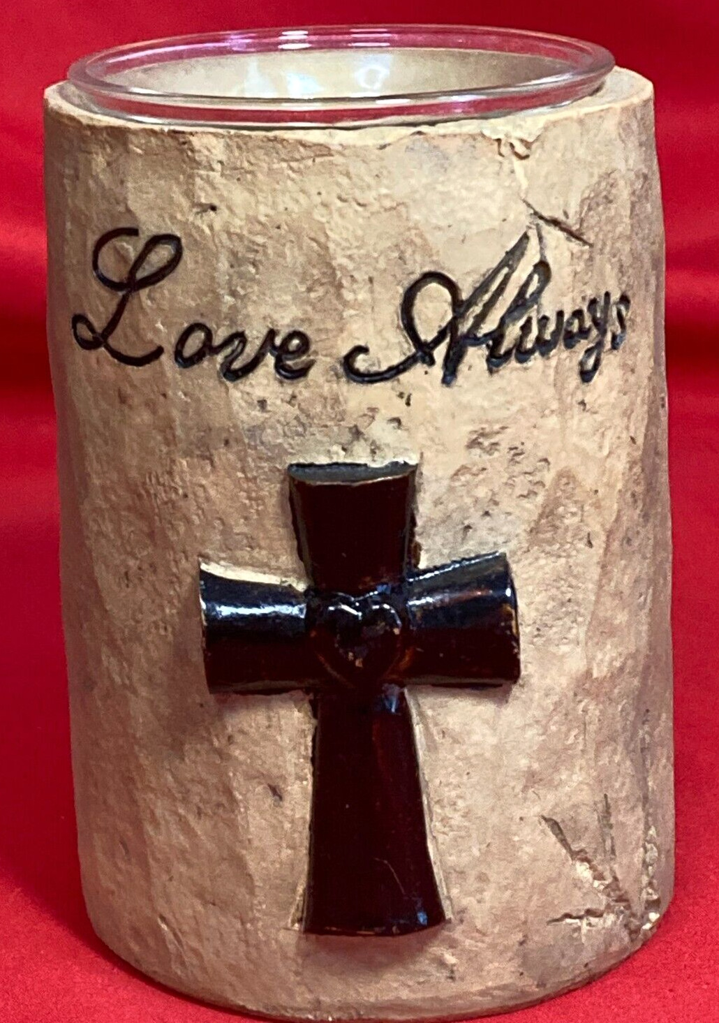 Vintage Love Always Votive Candle Holder with Cross Ceramic with Rustic Finish