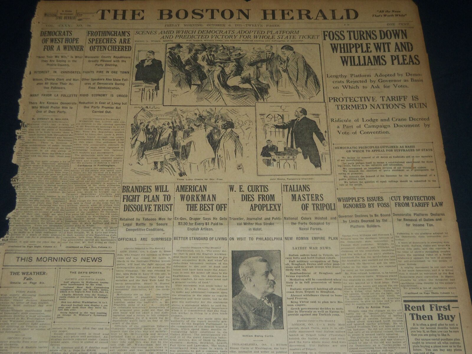 1911 OCTOBER 6 THE BOSTON HERALD - BRANDEIS WILL FIGHT TO DISSOLVE TRUST- BH 180