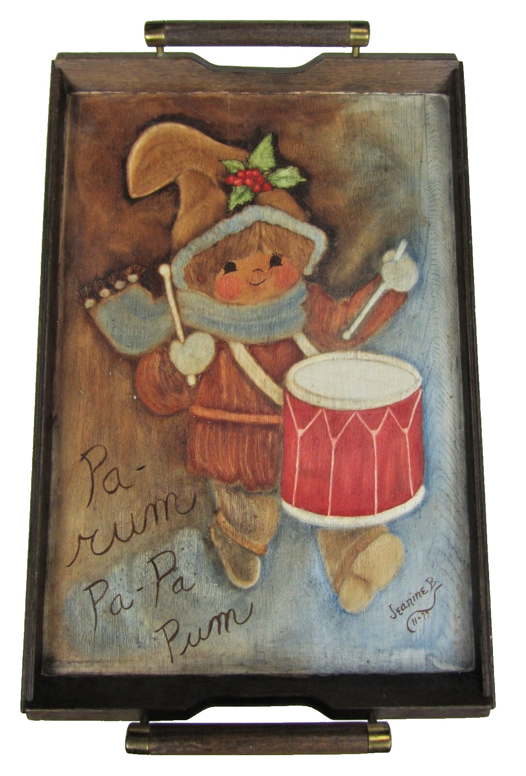 Vtg 77 Painted Wood Holiday Serving Tray Drummer Boy Retro Christmas Rum Pa Rum