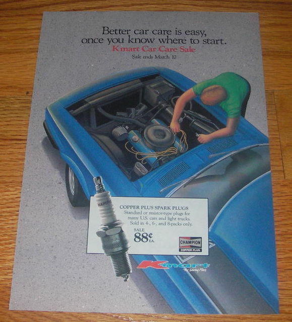 1990 Kmart Car Care Advertisement - Champion Spark Plugs, Monroe Shocks, Bosch