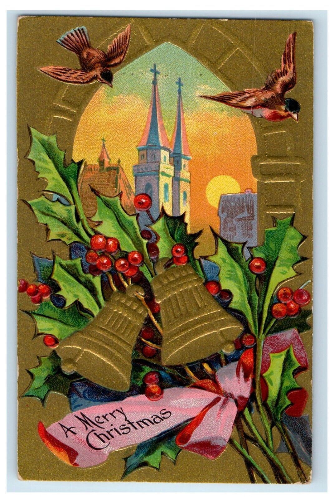 c1910\'s Merry Christmas Bells Holly Berries Birds Embossed Bamforth Postcard