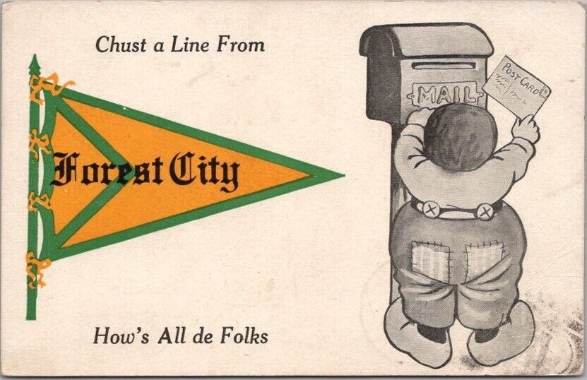 FORREST CITY, Iowa Greetings Postcard Dutch Boy / Mail Box \
