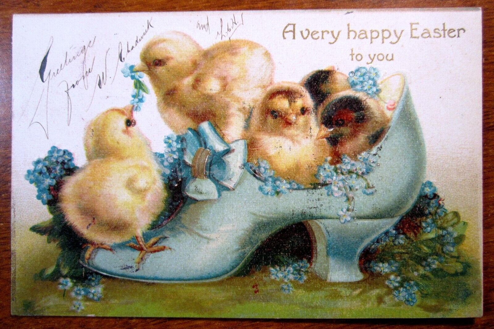 International Art Co A Very Happy Easter To You Chicks Blue Shoe Flowers PC 1815