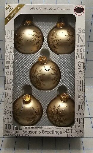 5 VTG Unique Treasure Hand Crafted Glass Ornament Xmas Gold Tone W Gold Glitter 