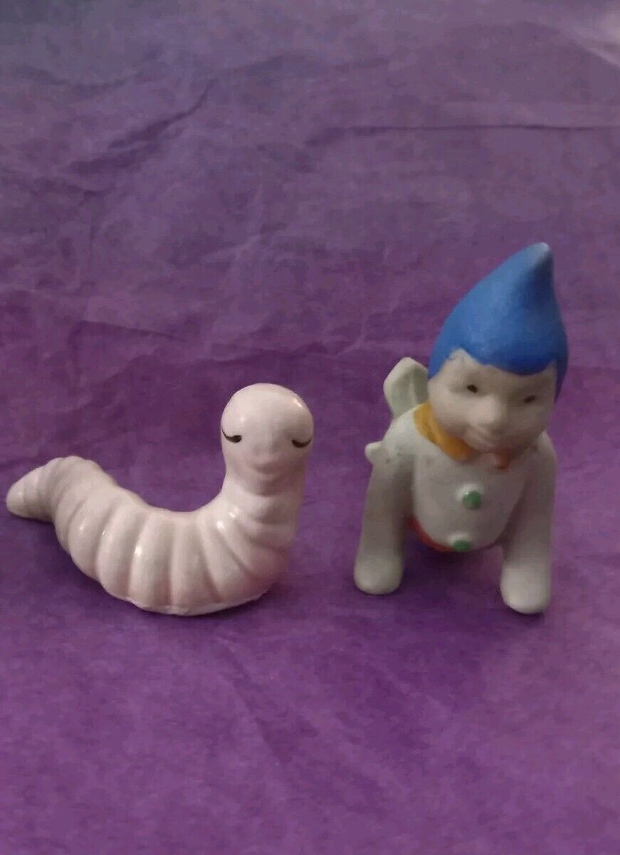 Vintage Ceramic Pixie Figurine & Pink Miniature Ceramic Worm Figurine (2) CUTE