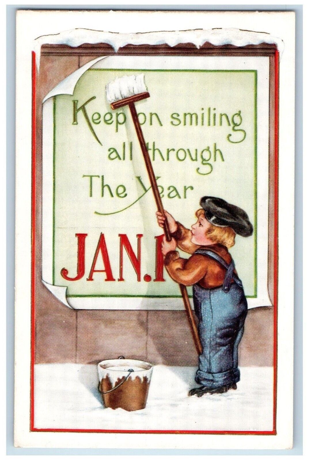 c1910\'s New Year Jan. 1 Boy Cleaning Winter Snow Embossed Antique Postcard