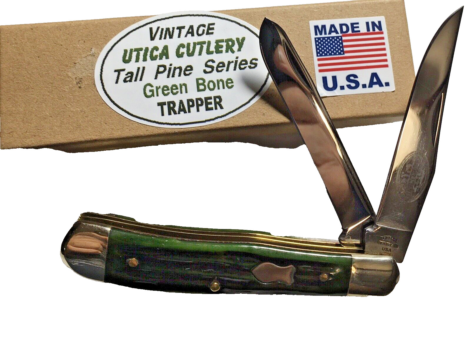 Vintage Utica Cutlery Warranted Green Bone Trapper Pocket Knife MADE IN U.S.A.