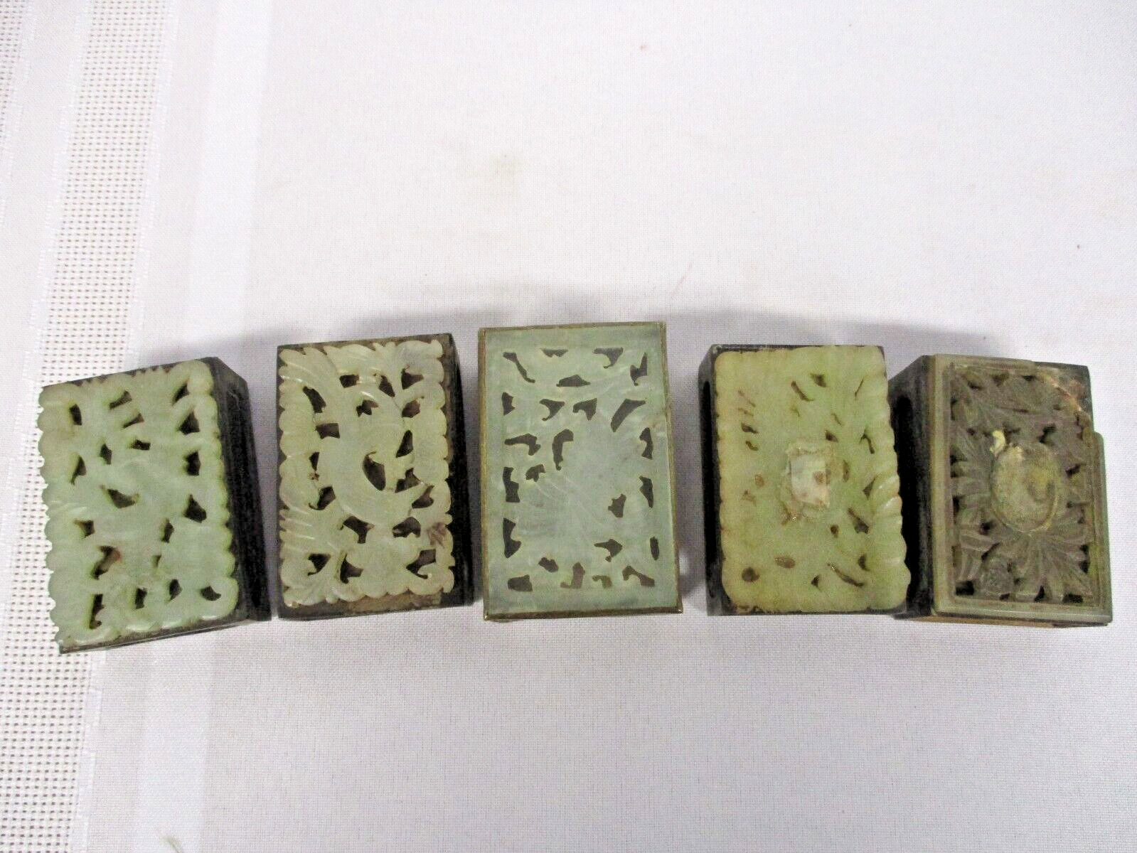 5 ANTIQUE CHINESE CARVED JADE BIRD FLOWER MATCH BOX HOLDERS